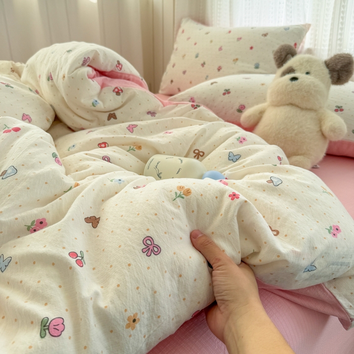 91家纺网 家纺一手货源 找家纺 艾特你 2026新款云感针织提花双层纱四件套-欢喜 欢喜-奶油风