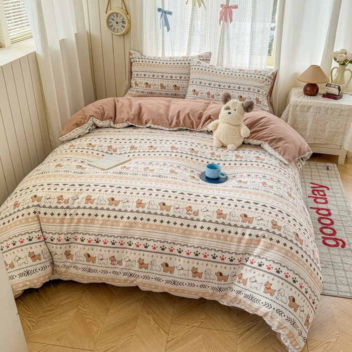 91家纺网 家纺一手货源 找家纺 艾特你 2026新款云感针织提花双层纱四件套-欢喜 欢喜-派对狗