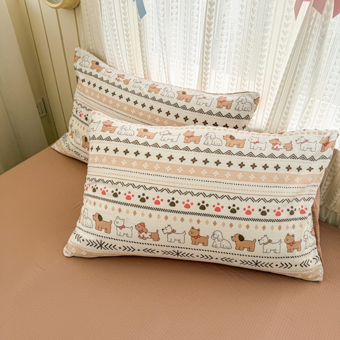 91家纺网 家纺一手货源 找家纺 艾特你 2026新款云感针织提花双层纱四件套-欢喜 欢喜-派对狗