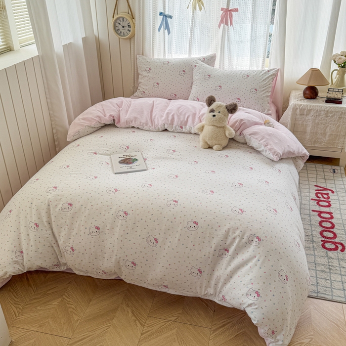 91家纺网 家纺一手货源 找家纺 艾特你 2026新款云感针织提花双层纱四件套-欢喜 欢喜-晴天小猫