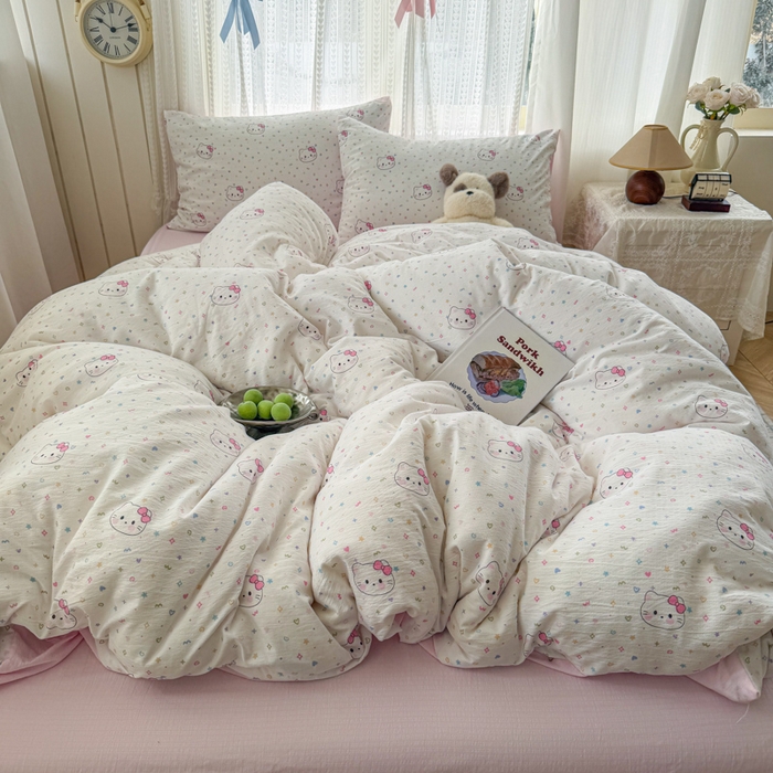 91家纺网 家纺一手货源 找家纺 艾特你 2026新款云感针织提花双层纱四件套-欢喜 欢喜-晴天小猫