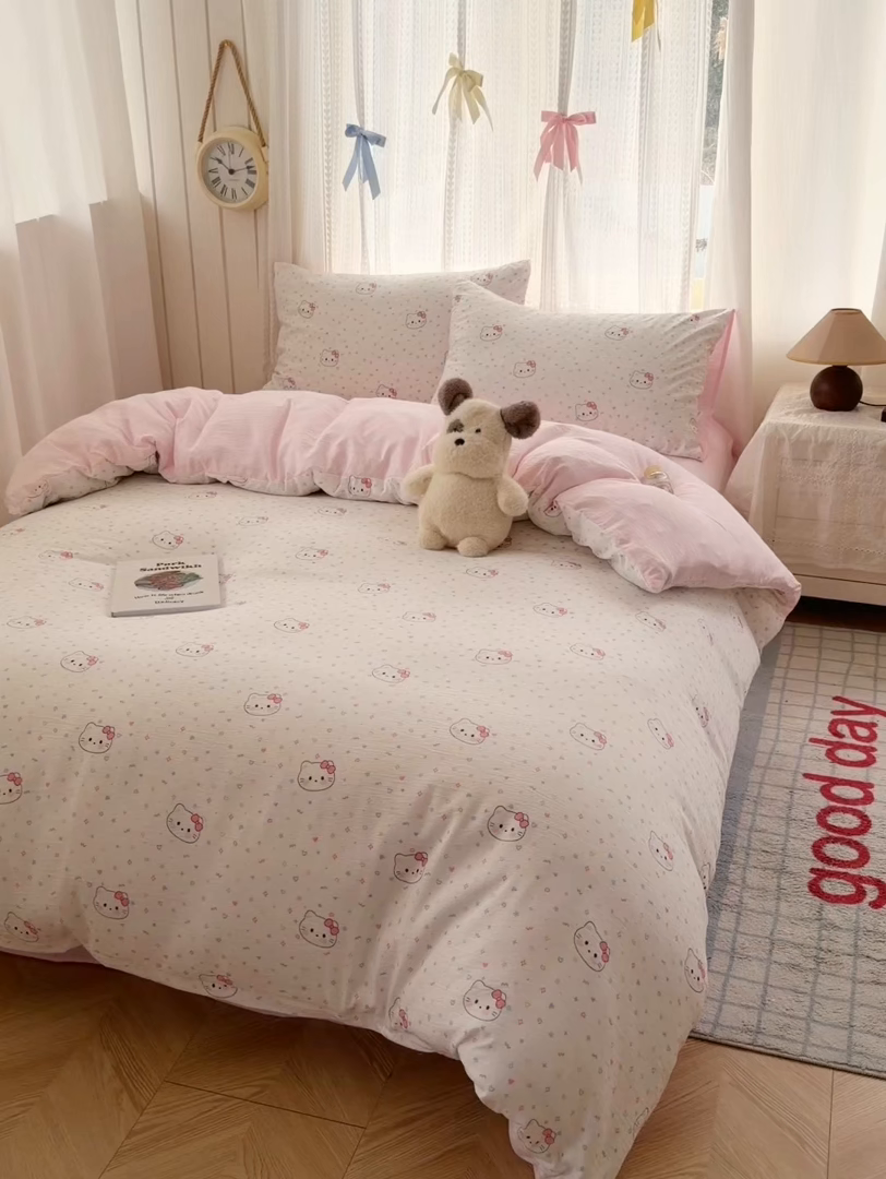 91家纺网 家纺一手货源 找家纺 艾特你 2026新款云感针织提花双层纱四件套-欢喜 欢喜-晴天小猫