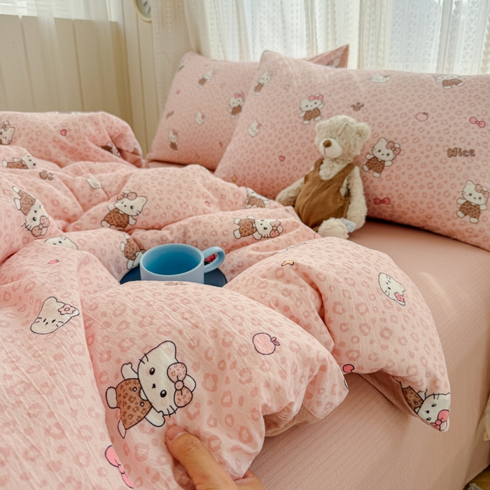 91家纺网 家纺一手货源 找家纺 艾特你 2026新款云感针织提花双层纱四件套-欢喜 欢喜-甜心萝莉