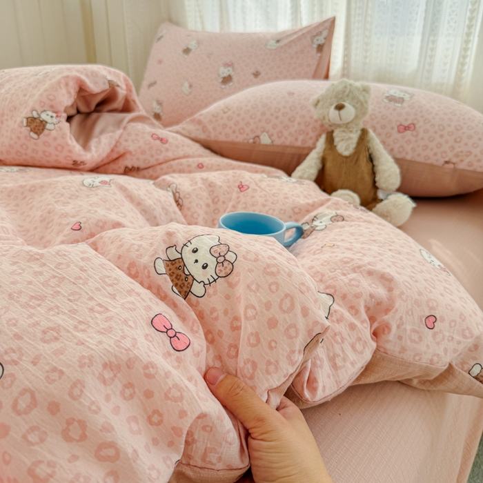 91家纺网 家纺一手货源 找家纺 艾特你 2026新款云感针织提花双层纱四件套-欢喜 欢喜-甜心萝莉