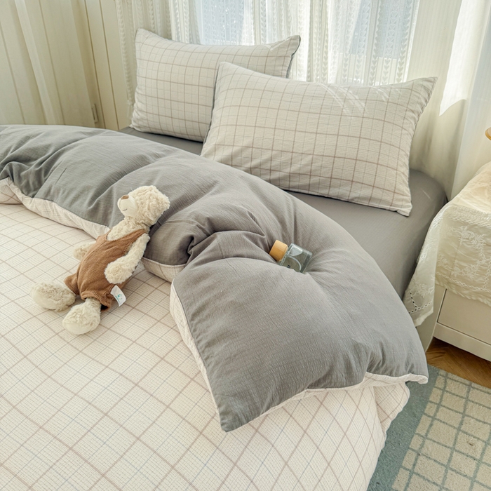 91家纺网 家纺一手货源 找家纺 艾特你 2026新款云感针织提花双层纱四件套-欢喜 欢喜-未来暮