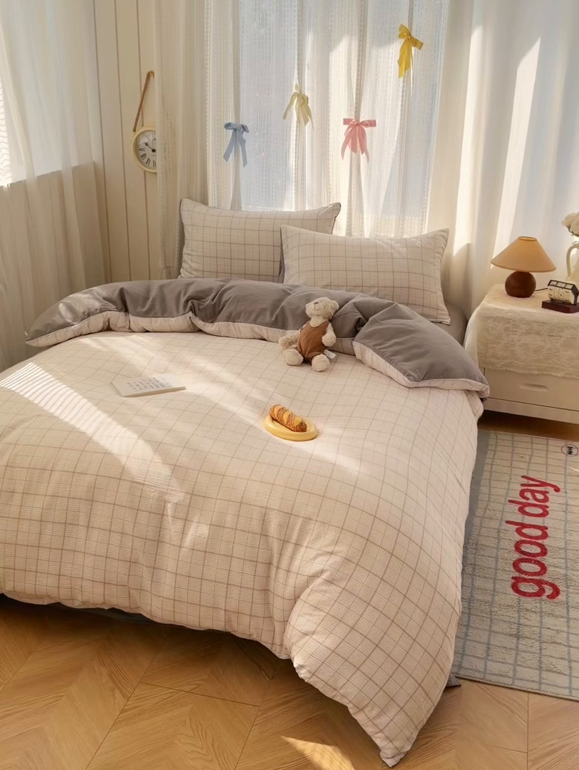 91家纺网 家纺一手货源 找家纺 艾特你 2026新款云感针织提花双层纱四件套-欢喜 欢喜-未来暮