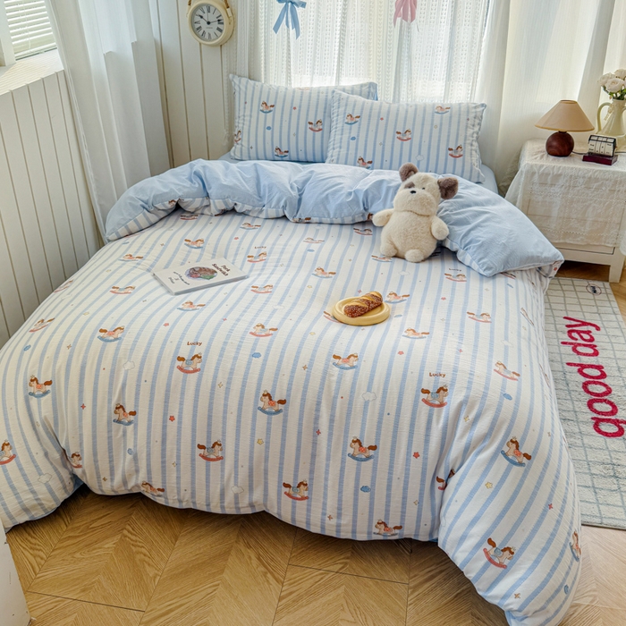 91家纺网 家纺一手货源 找家纺 艾特你 2026新款云感针织提花双层纱四件套-欢喜 欢喜-小木马