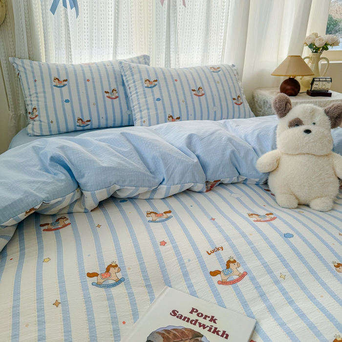 91家纺网 家纺一手货源 找家纺 艾特你 2026新款云感针织提花双层纱四件套-欢喜 欢喜-小木马