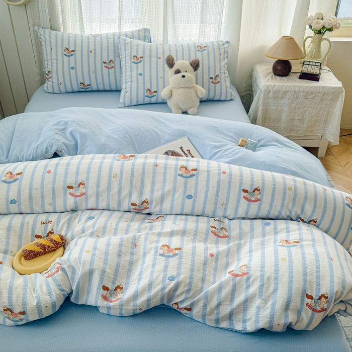 91家纺网 家纺一手货源 找家纺 艾特你 2026新款云感针织提花双层纱四件套-欢喜 欢喜-小木马