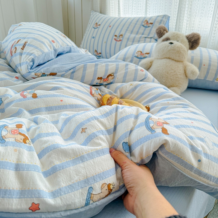 91家纺网 家纺一手货源 找家纺 艾特你 2026新款云感针织提花双层纱四件套-欢喜 欢喜-小木马