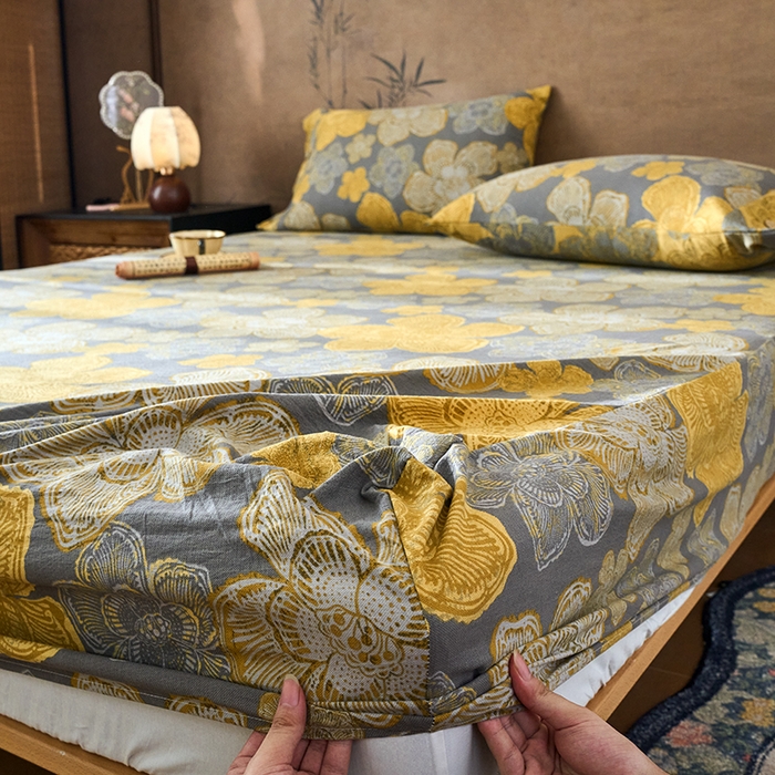 91家纺网 家纺一手货源 找家纺 （总）爱彼家纺 2026春夏新款原麻邹邹纱印花单床笠 床笠单件