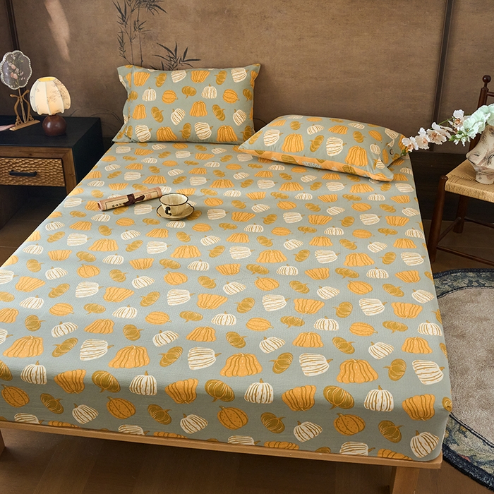 91家纺网 家纺一手货源 找家纺 爱彼家纺 2026春夏新款原麻邹邹纱印花单床笠 床笠单件 原麻皱皱纱-南瓜-灰