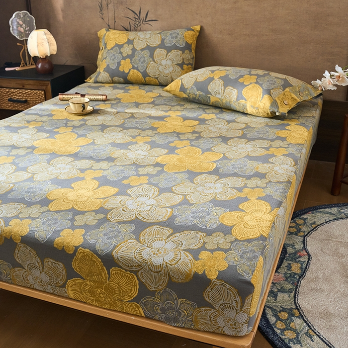 91家纺网 家纺一手货源 找家纺 爱彼家纺 2026春夏新款原麻邹邹纱印花单床笠 床笠单件 原麻皱皱纱-繁花-灰