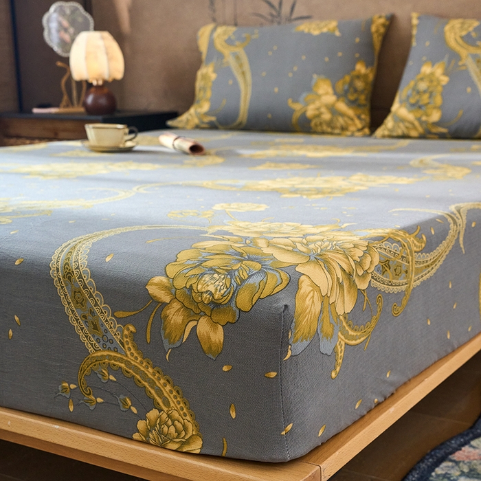 91家纺网 家纺一手货源 找家纺 爱彼家纺 2026春夏新款原麻邹邹纱印花单床笠 床笠单件 原麻皱皱纱-千寻-灰