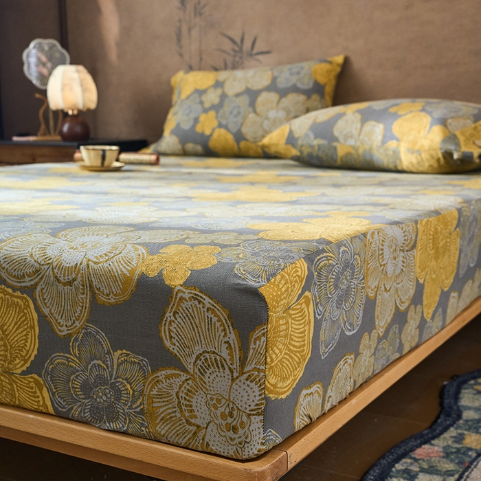 91家纺网 家纺一手货源 找家纺 爱彼家纺 2026春夏新款原麻邹邹纱印花单床笠 床笠单件 原麻皱皱纱-繁花-灰