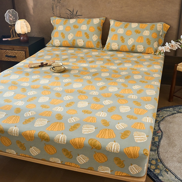 91家纺网 家纺一手货源 找家纺 爱彼家纺 2026春夏新款原麻邹邹纱印花单床笠 床笠单件 原麻皱皱纱-南瓜-灰