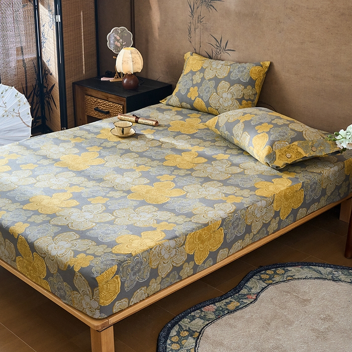 91家纺网 家纺一手货源 找家纺 爱彼家纺 2026春夏新款原麻邹邹纱印花单床笠 床笠单件 原麻皱皱纱-繁花-灰