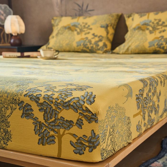 91家纺网 家纺一手货源 找家纺 爱彼家纺 2026春夏新款原麻邹邹纱印花单床笠 床笠单件 原麻皱皱纱-银杏黄