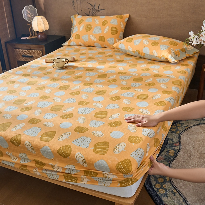 91家纺网 家纺一手货源 找家纺 爱彼家纺 2026春夏新款原麻邹邹纱印花单床笠 床笠单件 原麻皱皱纱-南瓜黄