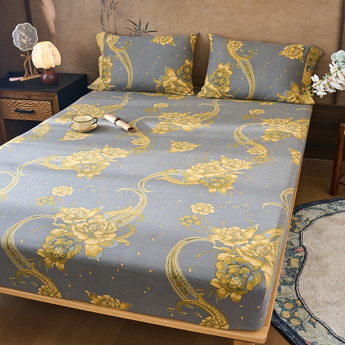 91家纺网 家纺一手货源 找家纺 爱彼家纺 2026春夏新款原麻邹邹纱印花单床笠 床笠单件 原麻皱皱纱-千寻-灰