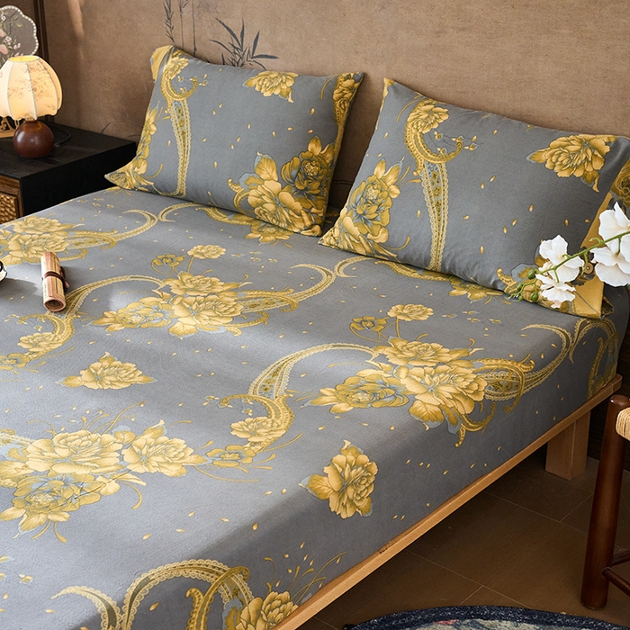 91家纺网 家纺一手货源 找家纺 爱彼家纺 2026春夏新款原麻邹邹纱印花单床笠 床笠单件 原麻皱皱纱-千寻-灰