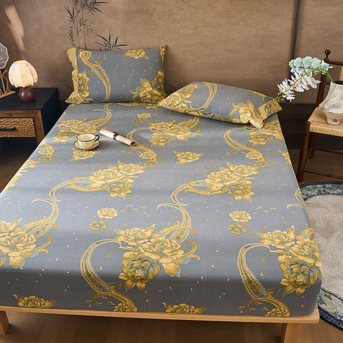 91家纺网 家纺一手货源 找家纺 爱彼家纺 2026春夏新款原麻邹邹纱印花单床笠 床笠单件 原麻皱皱纱-千寻-灰