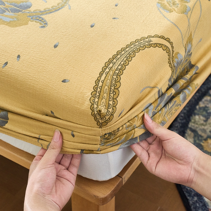 91家纺网 家纺一手货源 找家纺 爱彼家纺 2026春夏新款原麻邹邹纱印花单床笠 床笠单件 原麻皱皱纱千寻-黄