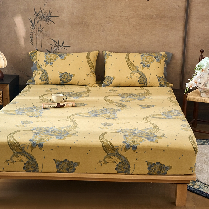 91家纺网 家纺一手货源 找家纺 爱彼家纺 2026春夏新款原麻邹邹纱印花单床笠 床笠单件 原麻皱皱纱千寻-黄