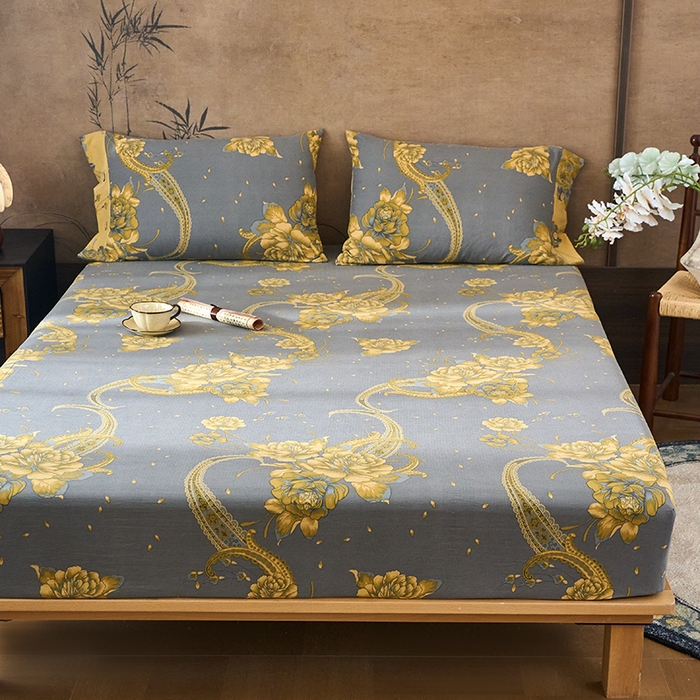 91家纺网 家纺一手货源 找家纺 爱彼家纺 2026春夏新款原麻邹邹纱印花单床笠 床笠单件 原麻皱皱纱-千寻-灰