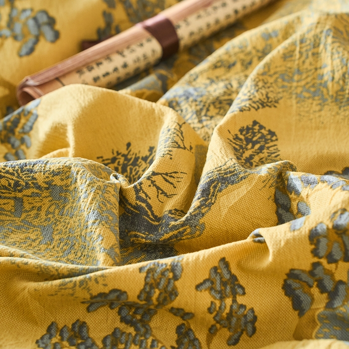 91家纺网 家纺一手货源 找家纺 爱彼家纺 2026春夏新款原麻邹邹纱印花单床笠 床笠单件 原麻皱皱纱-银杏黄