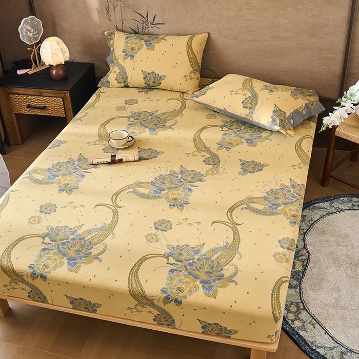 91家纺网 家纺一手货源 找家纺 爱彼家纺 2026春夏新款原麻邹邹纱印花单床笠 床笠单件 原麻皱皱纱千寻-黄