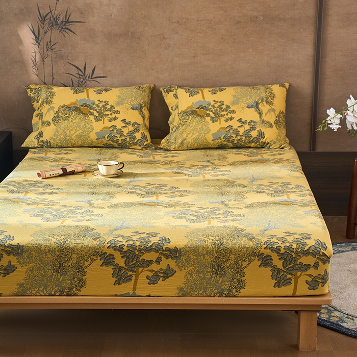 91家纺网 家纺一手货源 找家纺 爱彼家纺 2026春夏新款原麻邹邹纱印花单床笠 床笠单件 原麻皱皱纱-银杏黄