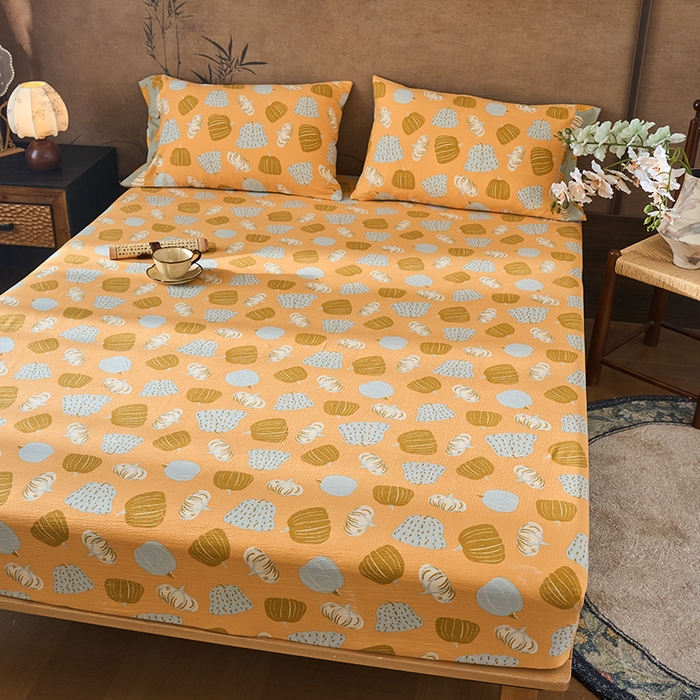 91家纺网 家纺一手货源 找家纺 爱彼家纺 2026春夏新款原麻邹邹纱印花单床笠 床笠单件 原麻皱皱纱-南瓜黄