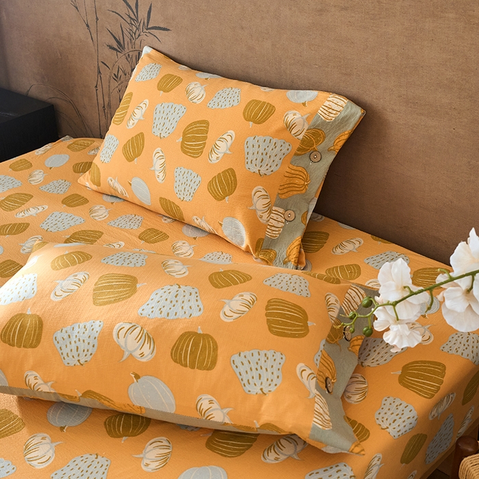 91家纺网 家纺一手货源 找家纺 爱彼家纺 2026春夏新款原麻邹邹纱印花单床笠 床笠单件 原麻皱皱纱-南瓜黄