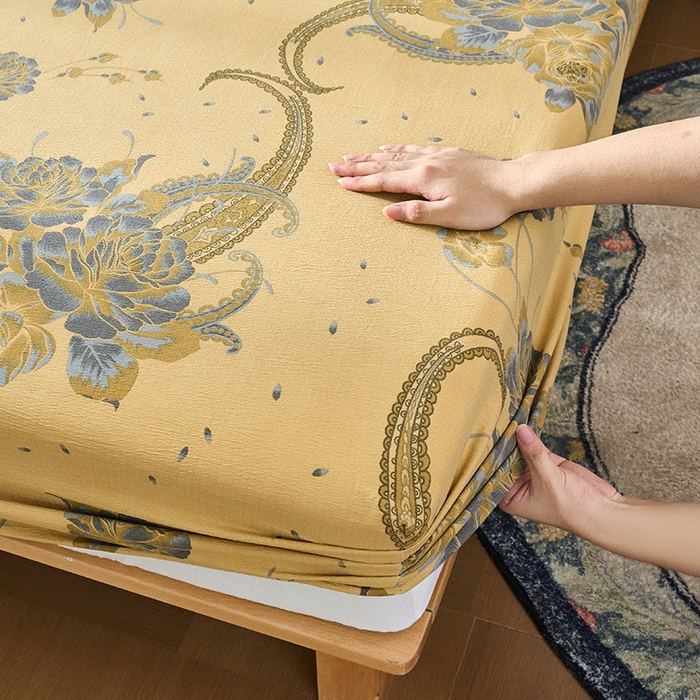 91家纺网 家纺一手货源 找家纺 爱彼家纺 2026春夏新款原麻邹邹纱印花单床笠 床笠单件 原麻皱皱纱千寻-黄