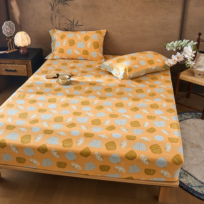 91家纺网 家纺一手货源 找家纺 爱彼家纺 2026春夏新款原麻邹邹纱印花单床笠 床笠单件 原麻皱皱纱-南瓜黄