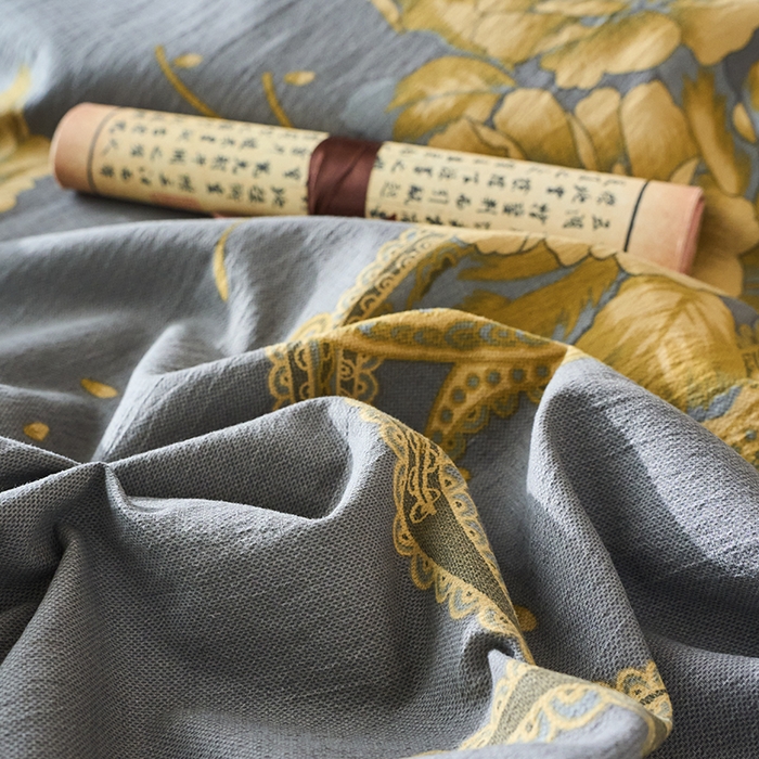 91家纺网 家纺一手货源 找家纺 爱彼家纺 2026春夏新款原麻邹邹纱印花单床笠 床笠单件 原麻皱皱纱-千寻-灰