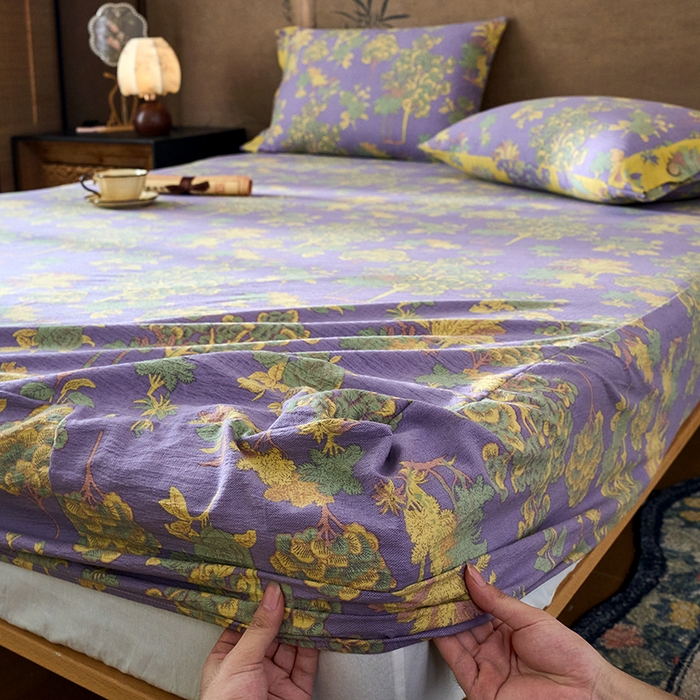 91家纺网 家纺一手货源 找家纺 爱彼家纺 2026春夏新款原麻邹邹纱印花单床笠 床笠单件 原麻皱皱纱-安娜紫