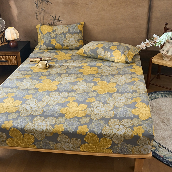 91家纺网 家纺一手货源 找家纺 爱彼家纺 2026春夏新款原麻邹邹纱印花单床笠 床笠单件 原麻皱皱纱-繁花-灰