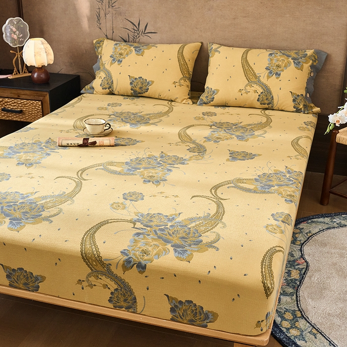 91家纺网 家纺一手货源 找家纺 爱彼家纺 2026春夏新款原麻邹邹纱印花单床笠 床笠单件 原麻皱皱纱千寻-黄