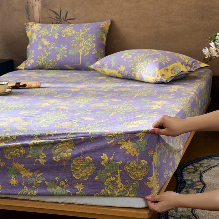 91家纺网 家纺一手货源 找家纺 爱彼家纺 2026春夏新款原麻邹邹纱印花单床笠 床笠单件 原麻皱皱纱-安娜紫