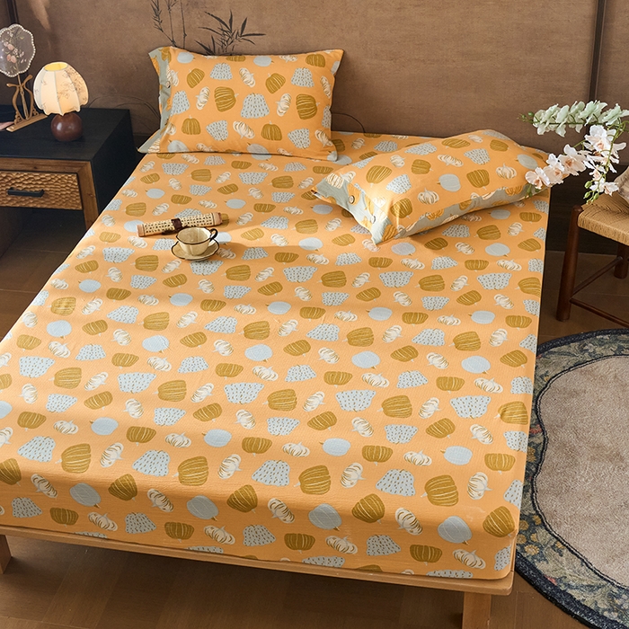 91家纺网 家纺一手货源 找家纺 爱彼家纺 2026春夏新款原麻邹邹纱印花单床笠 床笠单件 原麻皱皱纱-南瓜黄