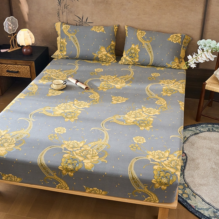 91家纺网 家纺一手货源 找家纺 爱彼家纺 2026春夏新款原麻邹邹纱印花单床笠 床笠单件 原麻皱皱纱-千寻-灰