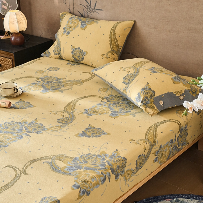 91家纺网 家纺一手货源 找家纺 爱彼家纺 2026春夏新款原麻邹邹纱印花单床笠 床笠单件 原麻皱皱纱千寻-黄