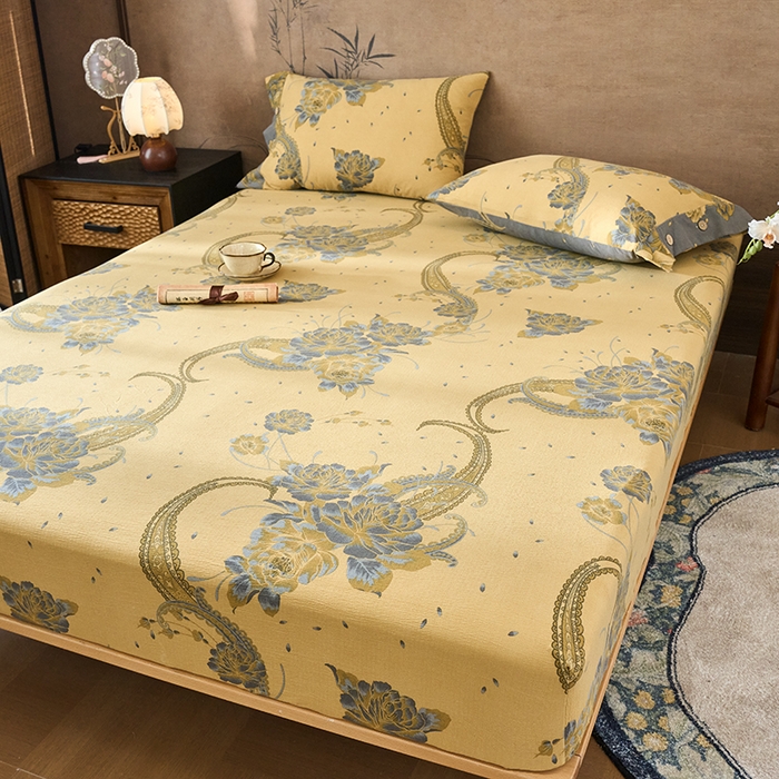 91家纺网 家纺一手货源 找家纺 爱彼家纺 2026春夏新款原麻邹邹纱印花单床笠 床笠单件 原麻皱皱纱千寻-黄