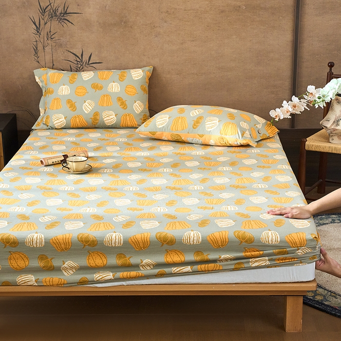 91家纺网 家纺一手货源 找家纺 爱彼家纺 2026春夏新款原麻邹邹纱印花单床笠 床笠单件 原麻皱皱纱-南瓜-灰