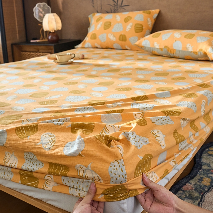 91家纺网 家纺一手货源 找家纺 爱彼家纺 2026春夏新款原麻邹邹纱印花单床笠 床笠单件 原麻皱皱纱-南瓜黄