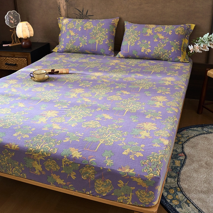 91家纺网 家纺一手货源 找家纺 爱彼家纺 2026春夏新款原麻邹邹纱印花单床笠 床笠单件 原麻皱皱纱-安娜紫