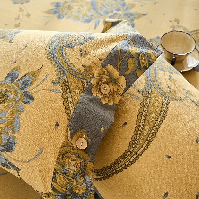 91家纺网 家纺一手货源 找家纺 爱彼家纺 2026春夏新款原麻邹邹纱印花单床笠 床笠单件 原麻皱皱纱千寻-黄