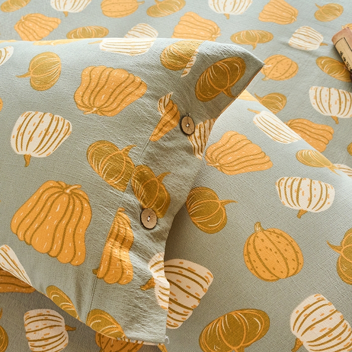 91家纺网 家纺一手货源 找家纺 爱彼家纺 2026春夏新款原麻邹邹纱印花单床笠 床笠单件 原麻皱皱纱-南瓜-灰